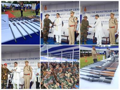 Over 580 extremists of two outfits surrender to Tripura govt, deposit large cache of arms