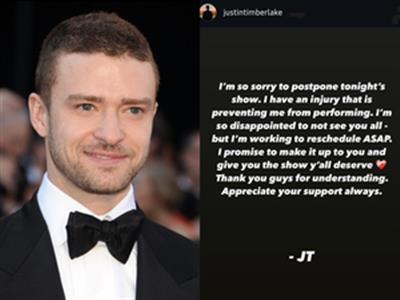 Justin Timberlake expresses disappointment on cancelling show due to injury