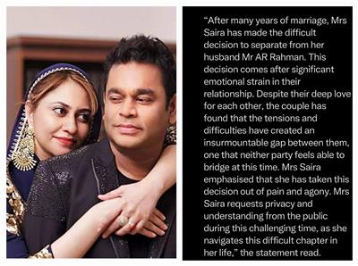 A. R. Rahman, wife Saira Banu parted ways as latter issues statement over divorce