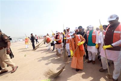 CM Yogi launches cleanliness drive at Sangam after Maha Kumbh culmination